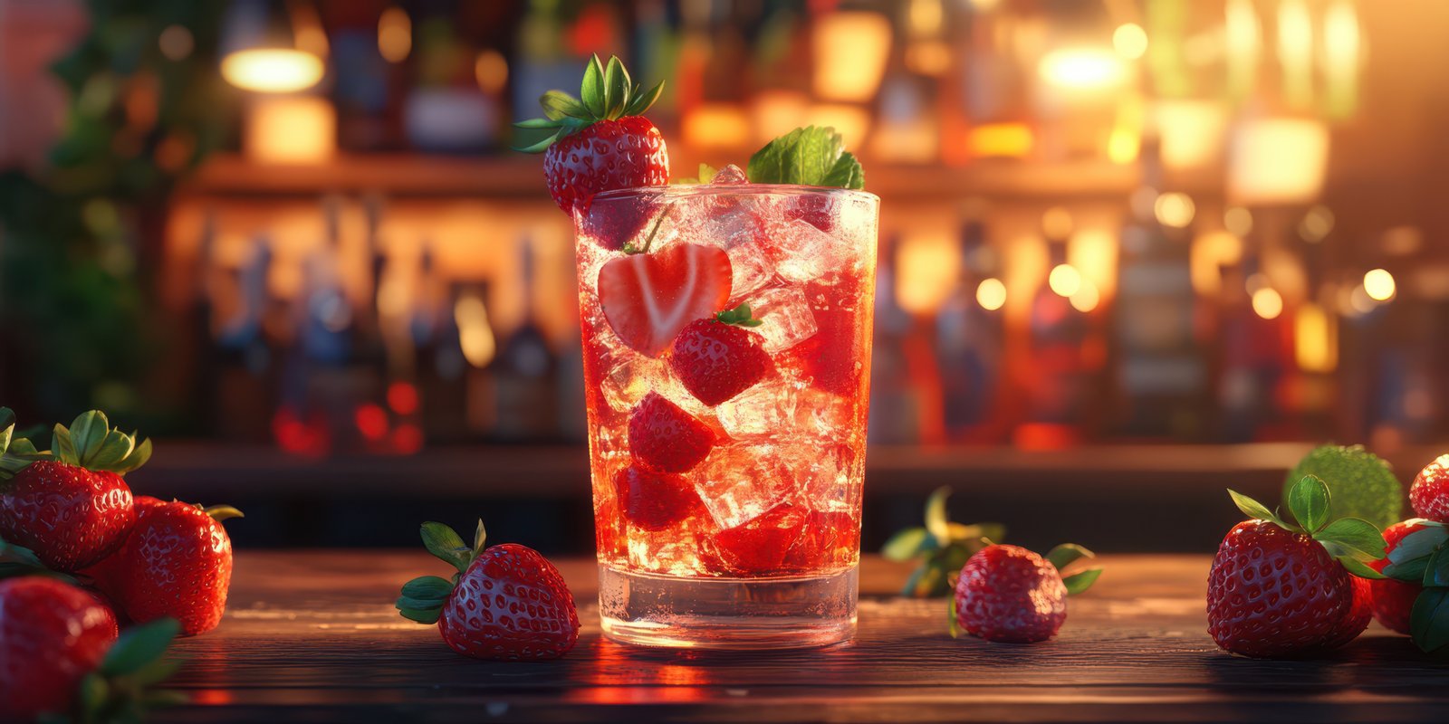 Refreshing strawberry beverage served on a wooden table at a vibrant bar during evening hours